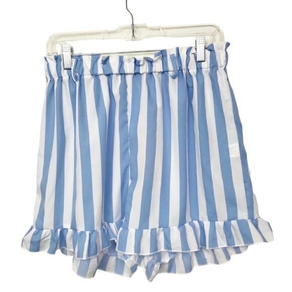 Romwe Blue White Striped Ruffle Hem Pajama Shorts NWT Large - Picture 1 of 9
